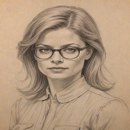 Splendid Linda Hamilton, pencil sketch, portrait of Charming woman 1930s in glasses, hair style beatnik, outline, clear lines, fine lines, 8k
