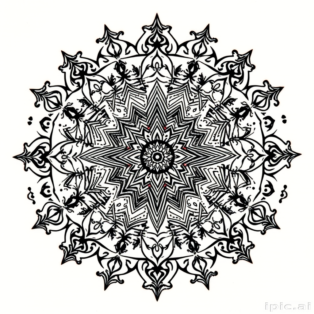 Ornamental dotwork mandala tattoo entitled "Sacred Geometry" showcasing intricate patterns and symmetrical designs inspired by ancient spiritual and mathematical concepts rendered entirely in precise dots of varying sizes and densities to create shading depth and texture incorporating sacred symbols and geometric shapes that radiate outward from a central focal point in perfect harmony and balance