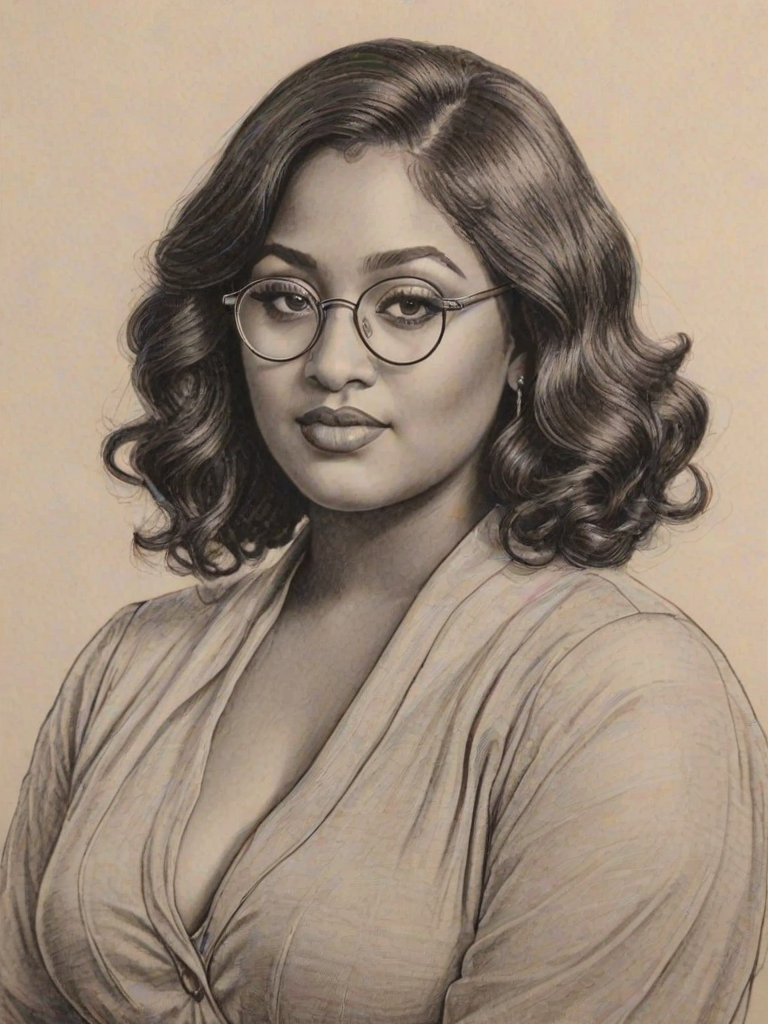 Magnificent Jazmine Sullivan, pencil sketch, portrait of Enchanting woman 1920s in glasses, hair style beatnik, outline, clear lines, fine lines, 8k