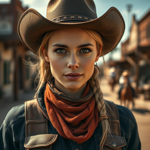 generate a highly detailed portrait of a female cowboy in a western town with dusty streets, captured with a DSLR camera at f/1.8 aperture, ISO 100, 50mm lens, natural lighting, shot from eye level for a sharp focus on the subject and a blurred background to emphasize her rugged attire and accessories.