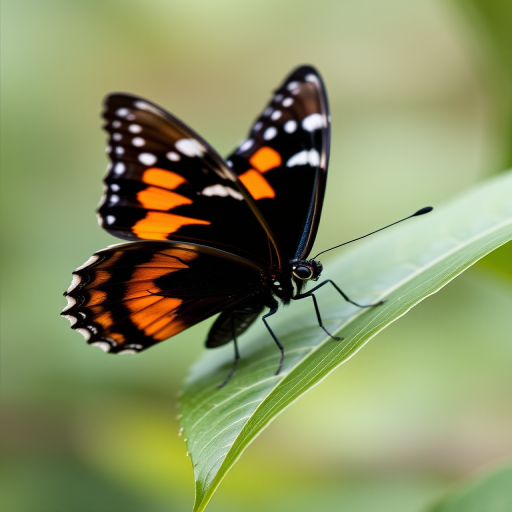 Generate an image of a butterfly perched on a green leaf. The butterfly should have a striking pattern with black and orange wings, featuring white spots. The background should be softly blurred to emphasize the butterfly and its natural setting.
