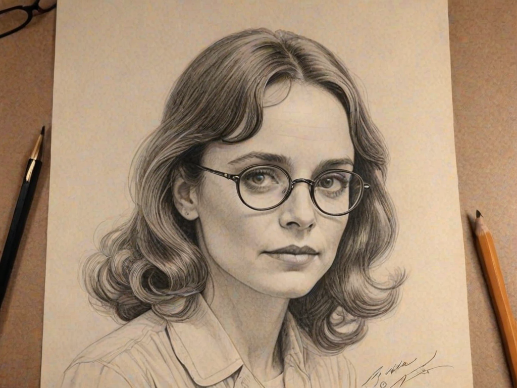 Enchanting Karen Allen, pencil sketch, portrait of Bewitching woman 1935s in glasses, hair style beatnik, outline, clear lines, fine lines, 8k