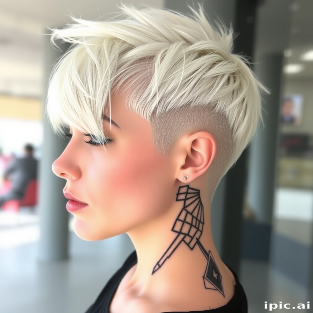 Striking platinum blonde pixie cut with asymmetrical bangs and edgy undercut, featuring intricate geometric patterns shaved into the sides, exuding a futuristic and avant-garde vibe called Cyberpunk Pixel