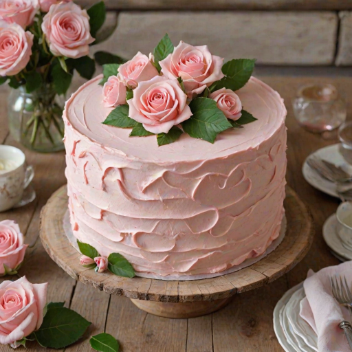 Create an image of a beautifully decorated cake featuring a soft pink frosting. The cake should have delicate rose-shaped decorations made from the frosting, along with a few green leaves for contrast. The setting should be rustic, with a wooden table or surface in the background. The overall look should be elegant and inviting.