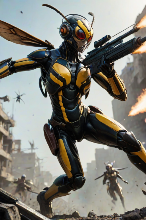 A close-up, intense action shot of a wasp commando mid-flight, holding a high-tech crossbow that fires explosive bolts. Below, a centipede commando slithers across the ground, its segmented body armored with futuristic plating and wielding multiple blaster rifles in each of its many limbs. The scene shows them working in tandem, battling a larger foe in the distance. The background is a futuristic wasteland, lit by the glow of distant battles, and the whole scene feels fast-paced and chaotic, with a blend of sci-fi and insect anatomy creating a unique, alien warfare aesthetic.