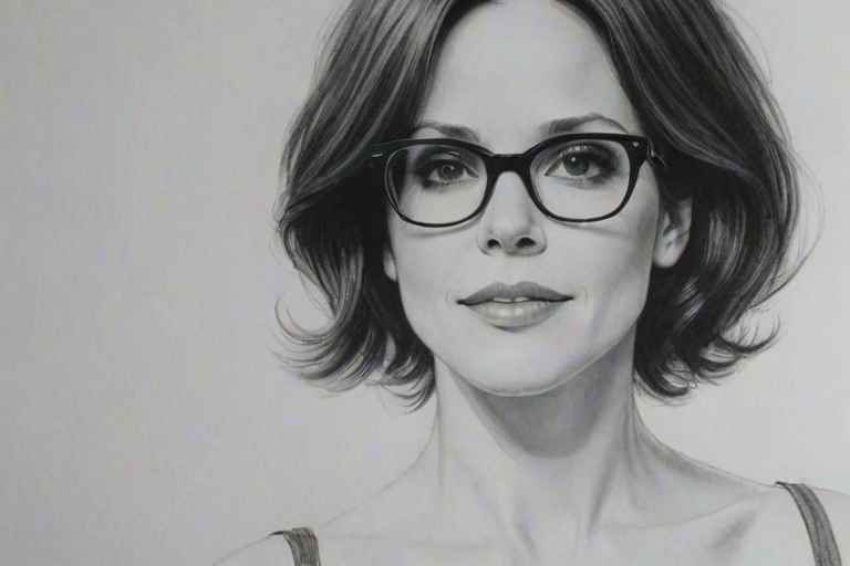 Stunning Mary-Louise Parker, pencil sketch, portrait of Charming woman 1965s in glasses, hair style beatnik, outline, clear lines, fine lines, 8k