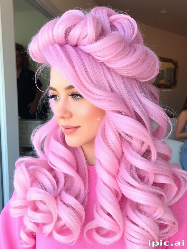 Pastel pink and lilac hues blend harmoniously in the "Cotton Candy Cloud" hairstyle, featuring voluminous, bouncy curls that resemble fluffy clouds at sunset. Soft, face-framing tendrils add a touch of whimsy, while the crown is teased for extra height and drama. Subtle sparkles throughout the hair catch the light, creating a magical, dreamy effect.