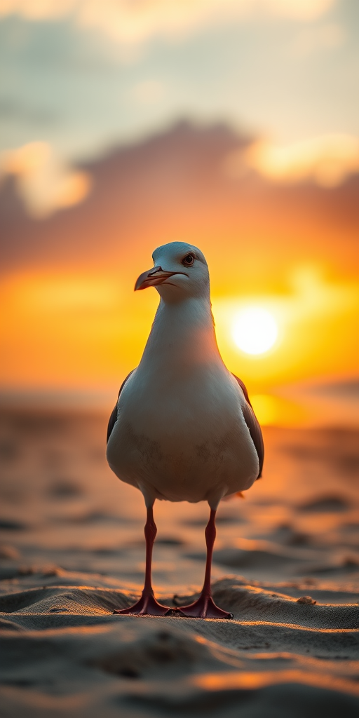 A close-up shot of a seagull standing on sandy beach at sunset, with a Canon EOS 5D Mark IV, 50mm lens, f/2.8 aperture, ISO 100, natural lighting, shallow depth of field to blur the background.