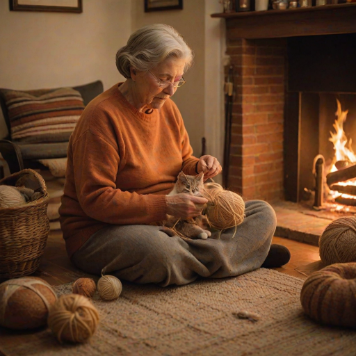 Warm, softly lit photo of a grandmother knitting by the fireplace, soft orange glow from the fire reflecting on her face, a ball of yarn on the floor beside her, family photos framed on the mantle, a cat sleeping on the hearth, the smell of fresh bread in the air.
