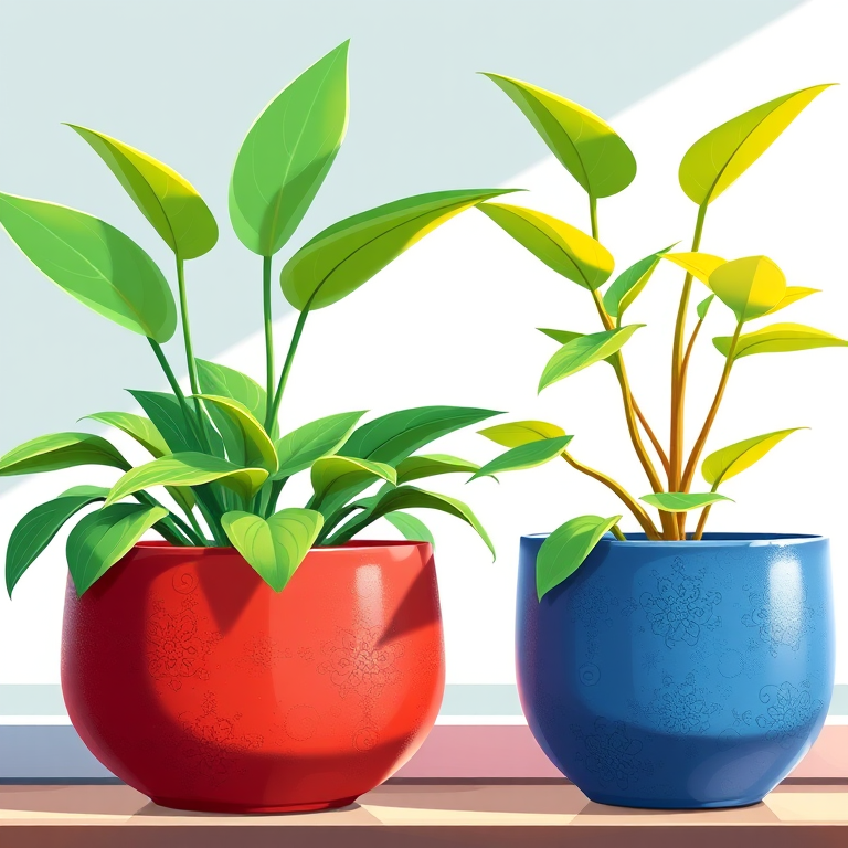 Create a vibrant, high-resolution illustration of two potted plants in a modern style, using bright green colors for the foliage, textured ceramic pots in red and blue, with soft natural lighting, a shallow depth of field, and a DSLR camera type set to f/2.8, ISO 100, and 50mm lens for enhanced clarity and detail.