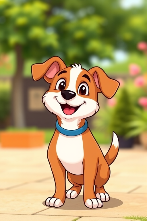 Create a vibrant, cartoon-style illustration of a friendly dog standing confidently, captured with a Canon EOS R5, 50mm lens, f/2.8 aperture, ISO 100, in a bright outdoor setting with natural lighting and a slightly blurred background to enhance focus on the dog.
