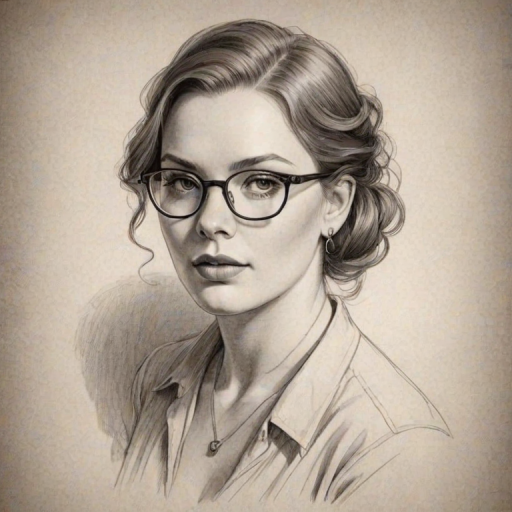 Wonderful Cassandra Clare, pencil sketch, portrait of Exquisite woman 1932s in glasses, hair style beatnik, outline, clear lines, fine lines, 8k