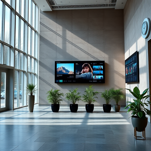 interior of a modern gallery with tall windows and natural light, three large digital displays on the wall showing images and data, potted greenery in a polished stone floor, shot with a DSLR camera, aperture f/5.6, shutter speed 1/60s, ISO 200, wide-angle lens, high dynamic range for enhanced detail