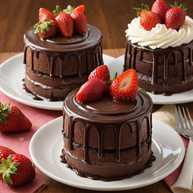 Create an image of three small chocolate layer cakes. Each cake should have layers of rich chocolate cake filled with fresh strawberries and creamy frosting. The top of each cake should be adorned with a swirl of frosting, a chocolate-covered strawberry, and a drizzle of chocolate ganache. The cakes should be arranged on a white platter with some strawberries in the background.