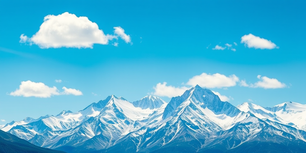 A high-resolution digital illustration of majestic snow-capped mountains under a clear blue sky with stylized clouds, captured using a DSLR camera with a 50mm lens, aperture set to f/8, ISO 100, and a landscape orientation to enhance depth and detail.