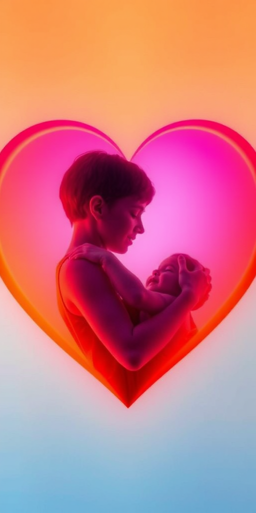 Create an artistic representation of a mother and child in a heart shape, using vibrant colors and soft lighting, with a DSLR camera, 50mm lens, f/2.8 aperture, ISO 100, shot from a slightly elevated angle to enhance depth and warmth, focus on smooth gradients and glowing edges.