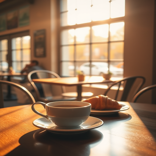Warmly lit image of a cozy cafeat dawn, soft sunlight streaming through the windows, a cup of coffee and a croissant on the table, soft shadows cast on the floor, and the smell of freshly brewed coffee and pastries in the air.