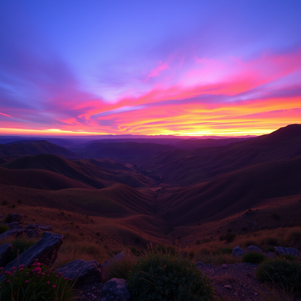 Generate a vibrant landscape at sunset with colorful hills and valleys, capturing a purple and orange sky, using a DSLR camera with a 24mm lens, aperture f/8, ISO 100, and a low angle view to emphasize depth and color saturation.