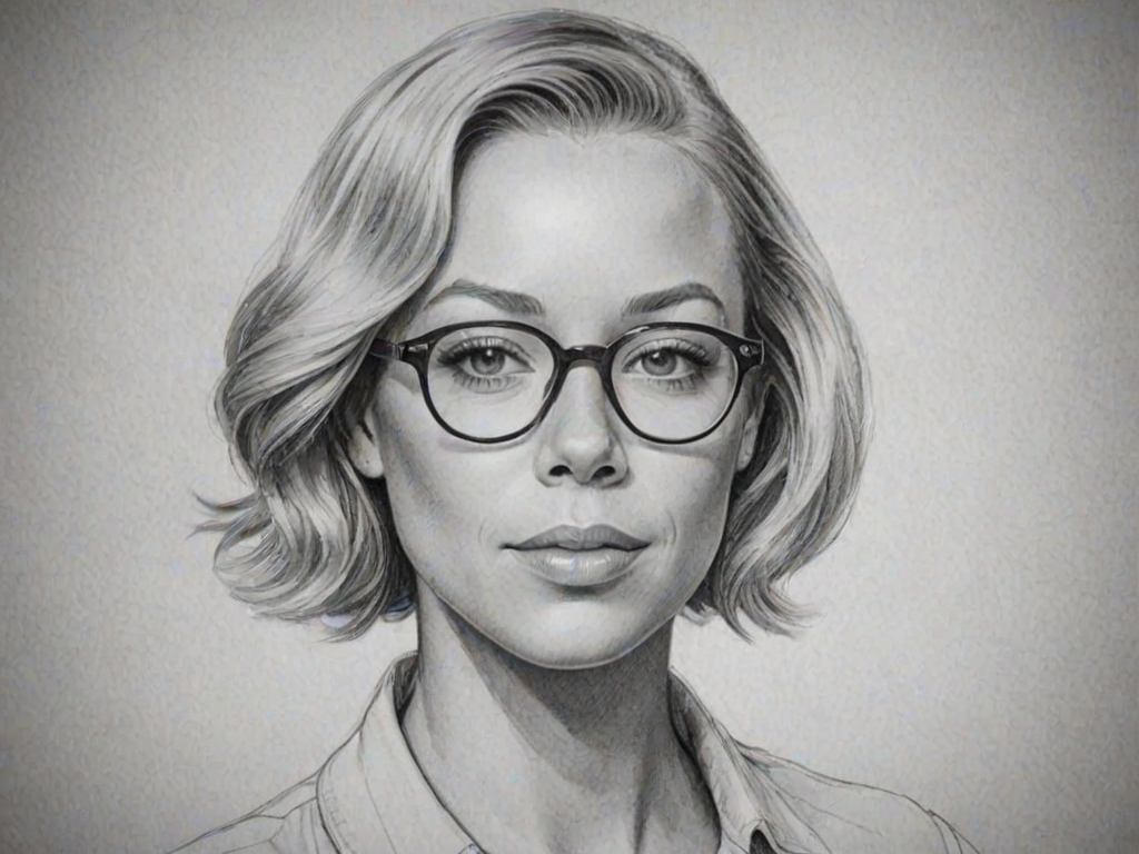 Radiant Kendra Wilkinson, pencil sketch, portrait of Sublime woman 1926s in glasses, hair style beatnik, outline, clear lines, fine lines, 8k