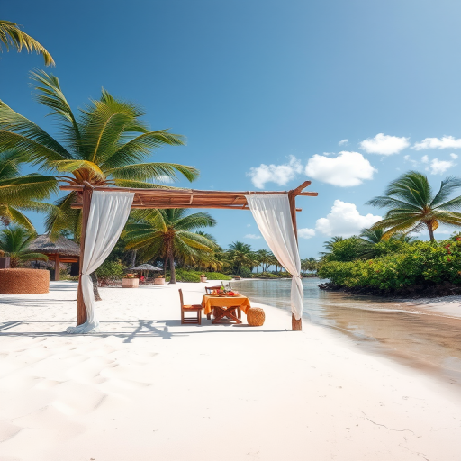 Create a picturesque tropical beach scene featuring a serene, white sandy shore. In the foreground, there's a rustic wooden canopy with white drapes gently flowing in the breeze. Underneath the canopy, a table is set with tropical decor, evoking a sense of relaxation and leisure. The beach extends into a calm, shallow water area with reflections of the sky and surroundings. Palm trees and lush greenery line the edge of the beach, providing a natural, tropical backdrop. The sky is clear with a few scattered clouds, and the overall atmosphere is tranquil and inviting, perfect for a peaceful retreat.