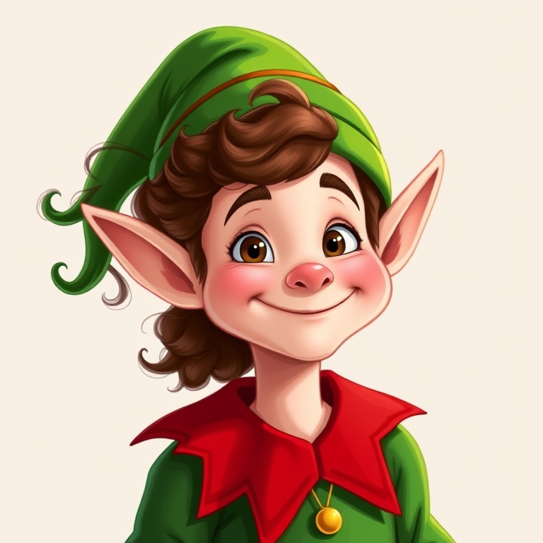Create a vibrant illustration of a cheerful elf with curly hair, wearing a green outfit with a red collar and hat, set against a simple background, captured with a 50mm lens at f/2.8, ISO 100, in natural light, using a digital illustration style.