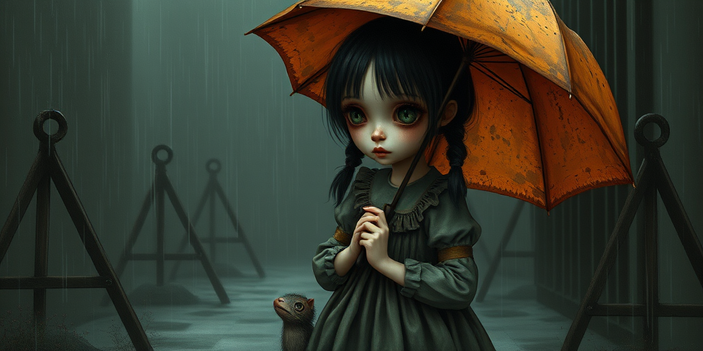 An eerie, weird little girl with dark hair in thin pigtails, wearing a smock dress, standing in the rain, holding a dirty orange umbrella, a small, odd creature beside her. In a surreal style inspired by Nicoletta Ceccoli and Brian Froud. Dark fantasy themes