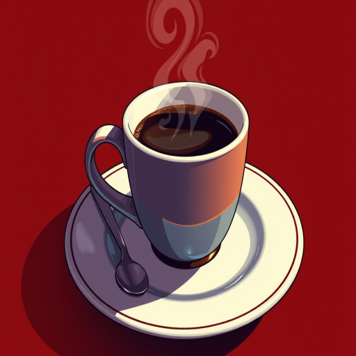 Create a high-resolution illustration of a steaming coffee cup on a plate with a contrasting background, using a close-up view, pop art style, DSLR camera settings with aperture f/4, shutter speed 1/100s, ISO 200, and vibrant colors to enhance image quality.