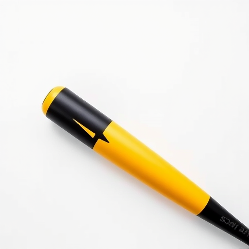 Create a high-resolution image of a black and yellow baseball bat on a plain white background, using a DSLR camera with a 50mm lens, aperture f/2.8, ISO 200, 1/200 sec shutter speed, top-down view, and light softening filters for enhanced image quality.