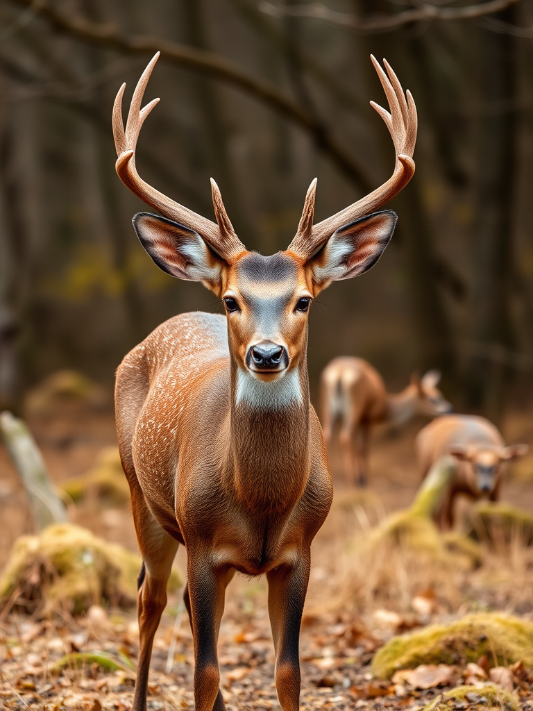 Create a realistic image of a deer standing in a natural environment with a DSLR camera, 50mm lens, aperture f/2.8, ISO 100, and a focal length of 50mm, using soft natural lighting for enhanced detail and clarity.