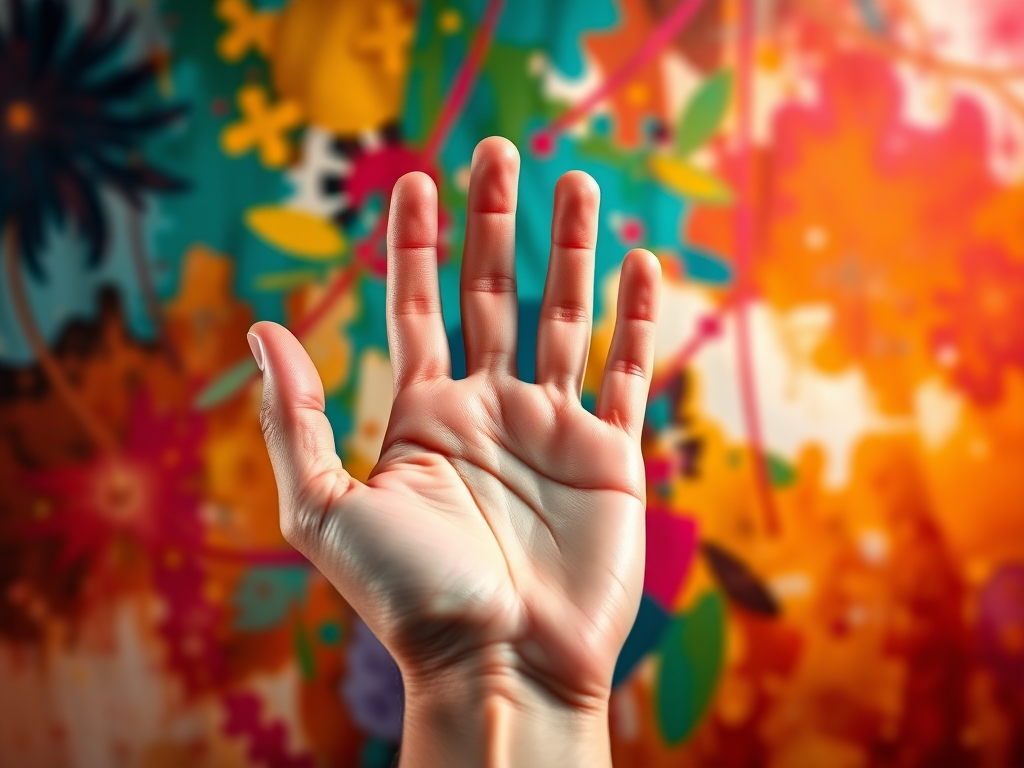 create a high-resolution image of a human hand showing an open palm against a colorful, abstract background, use a DSLR camera with a 50mm lens, aperture f/1.8, shutter speed 1/200s, ISO 100, high dynamic range, front view