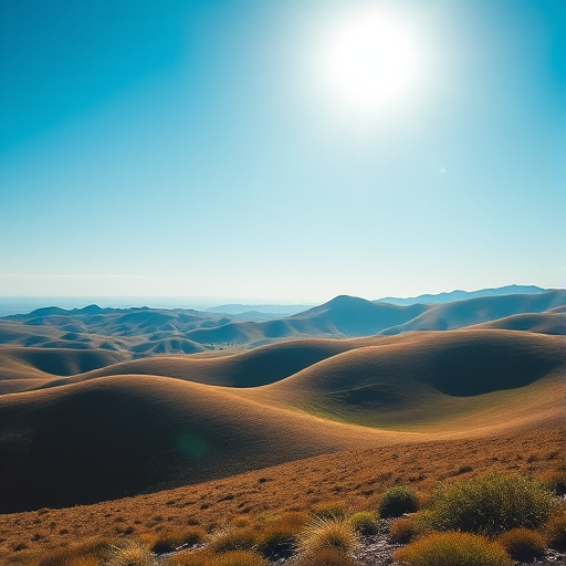 Generate a high-resolution image of a serene landscape with rolling hills under a bright blue sky, captured using a DSLR camera with a 50mm lens at f/4, ISO 100, and a shutter speed of 1/200 sec, from a slightly elevated viewpoint to enhance depth.