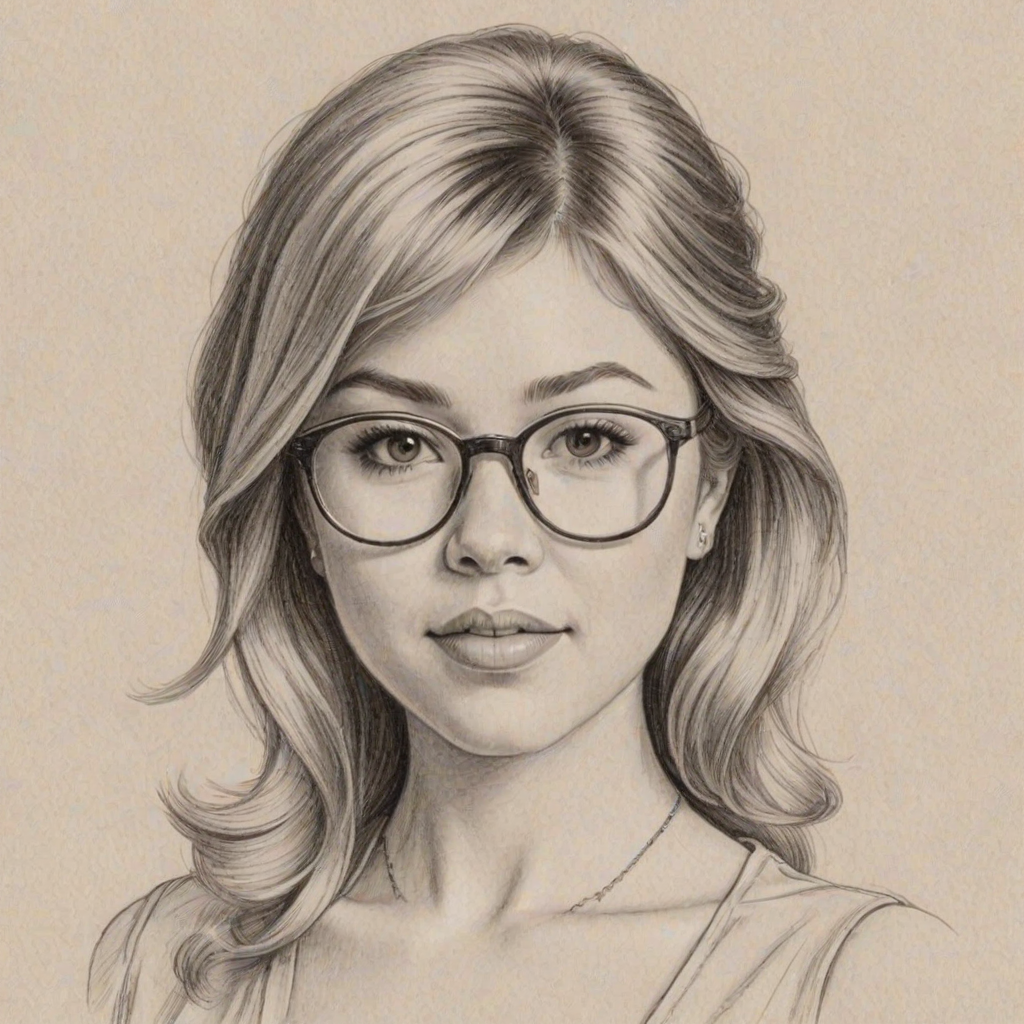 Elegant Jennette McCurdy, pencil sketch, portrait of Exquisite woman 1955s in glasses, hair style beatnik, outline, clear lines, fine lines, 8k