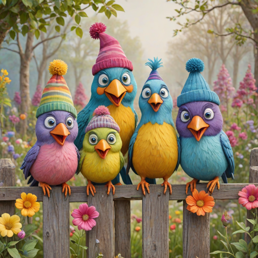 create a scene of 4 quirky  whimsical colourful comical birds each with a funny expression. they are sat on a wooden fence with colourful flowers. they are all different sizes. each one is a different colour  one is wearing a woolly hat. Each one has a different quirky google expression and there is a muted background of trees watercolour paintierly style high definition 8k resolution 3D paper mache