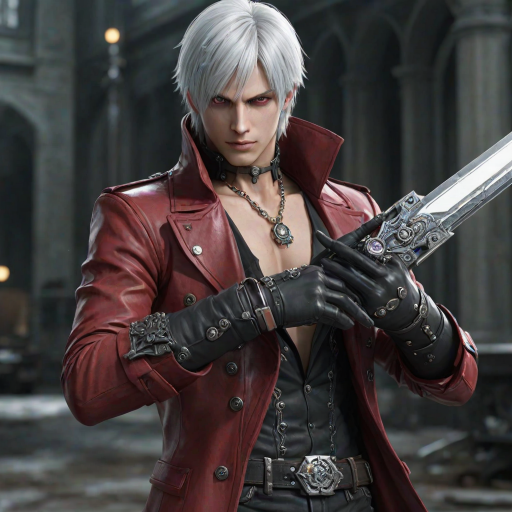 i want the whole image to be created in 3D anime style, solo, looking at viewer, gloves, 1boy, jewelry, closed mouth, white hair, male focus, open clothes, black gloves, belt, necklace, hair over one eye, blurry, coat, blurry background, letterboxed, open coat, mechanical arms, manly, red coat, single mechanical arm, dante (devil may cry)