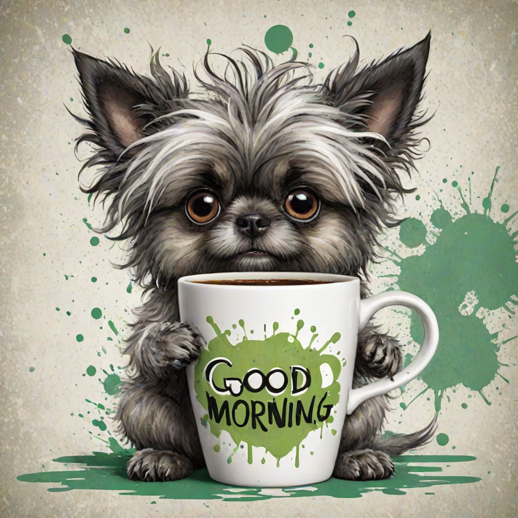 A quirky, artistic illustration of a disheveled peekapoo dog breed with exaggerated, large eyes and spiky fur, holding a coffee mug that reads "Good Morning". The dog has a tired but humorous expression, with ink splatters and abstract details surrounding it, giving a whimsical feel to the image. The color palette is mostly monochrome with hints of green in the eyes and steam rising from the mug, enhancing the overall sleepy vibe