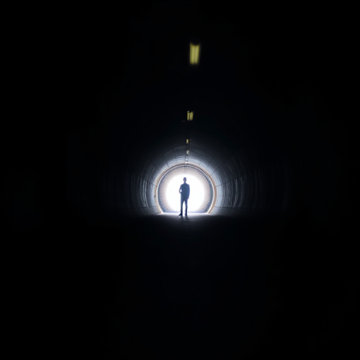 a dimly lit tunnel with a figure standing in the distance illuminated by light at the end, use a Canon EOS R5 camera, 50mm lens, aperture f/1.8, ISO 400, shutter speed 1/200s, shot from a low angle to emphasize depth and perspective, soft focus on the foreground for a dreamy effect