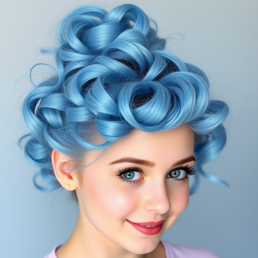 Playful hair style presenting cotton candy blue curls styled in a messy top knot with wispy tendrils framing the face