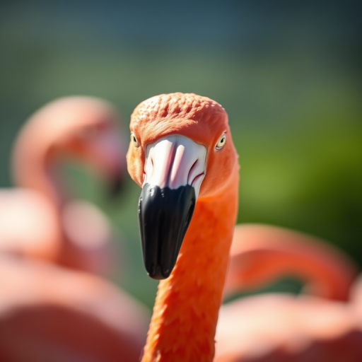 photograph a close-up of a flamingo's head with a shallow depth of field, using a Canon EOS 5D Mark IV, 85mm lens, aperture f/1.8, ISO 200, natural lighting, soft focus background, high-resolution, vibrant colors