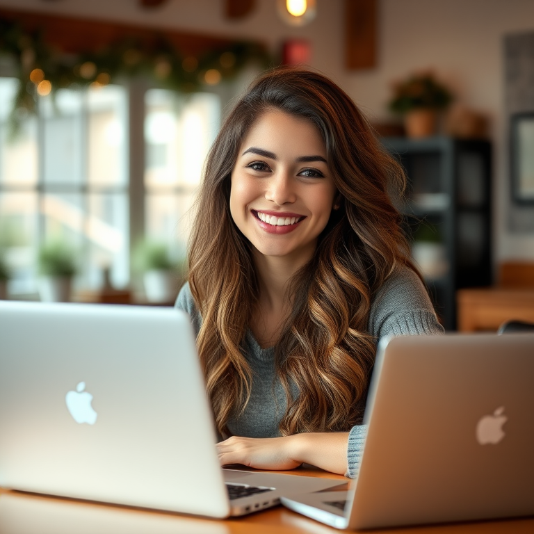 portrait of a young woman with long wavy hair smiling while sitting at a desk with a laptop in a cozy indoor setting natural lighting shallow depth of field 50mm f/1.8 lens ISO 200 aperture priority mode soft focus