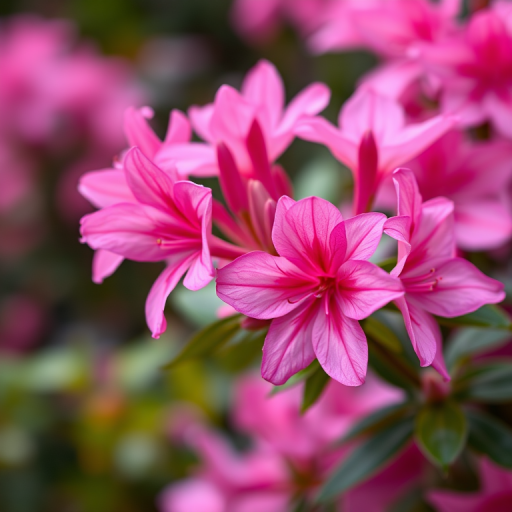 A close-up shot of pink azalea flowers with soft focus and bokeh background, ISO 100, f/2.8 aperture, 50mm lens, natural soft lighting, shot using a DSLR camera.