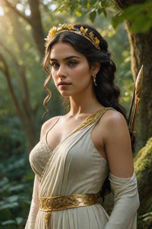 Create a portrait of a goddess-like Persian girl figure in a tranquil, forested environment. She has an elegant appearance with long, wavy hair styled in an updo and adorned with a delicate, floral headband. She wears a flowing, ancient Greek-inspired gown in a soft, pale color, featuring a one-shoulder design and draped fabric that accentuates her graceful form. The outfit includes a decorative belt with ornate gold detailing, and she holds a bow in her hand, with a quiver of arrows slung over her shoulder. The background depicts lush greenery, with sunlight filtering through the trees, casting a gentle, ethereal light on the scene. Her expression is calm and contemplative, embodying a sense of wisdom and serenity.