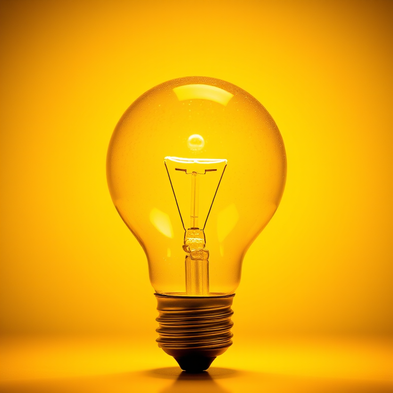 Create a high-resolution image of a bright yellow lightbulb with a shiny surface and glowing rays around it, using a Canon EOS R5 camera, 50mm lens, f/1.8 aperture, ISO 100, and a soft focus background for a professional quality look.