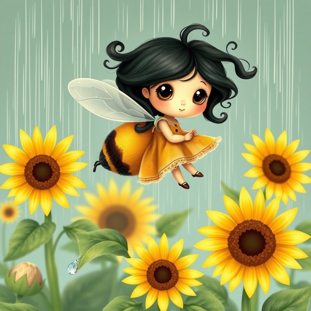 a whimsical cute girl with big eyes, big hair and flowing dress, riding astride a bumble bee, and flying across the top of the sunflower, which are just waking up, and catching dew drop of rain