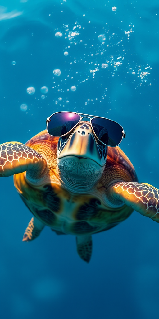 Create a hyper-realistic image of a sea turtle with aviator sunglasses swimming gracefully in clear blue water, captured with a Canon EOS R5, 50mm f/1.2 lens, aperture set to f/2.8, ISO 100, and a shutter speed of 1/250s, using a top-down view to emphasize vibrant colors and details.