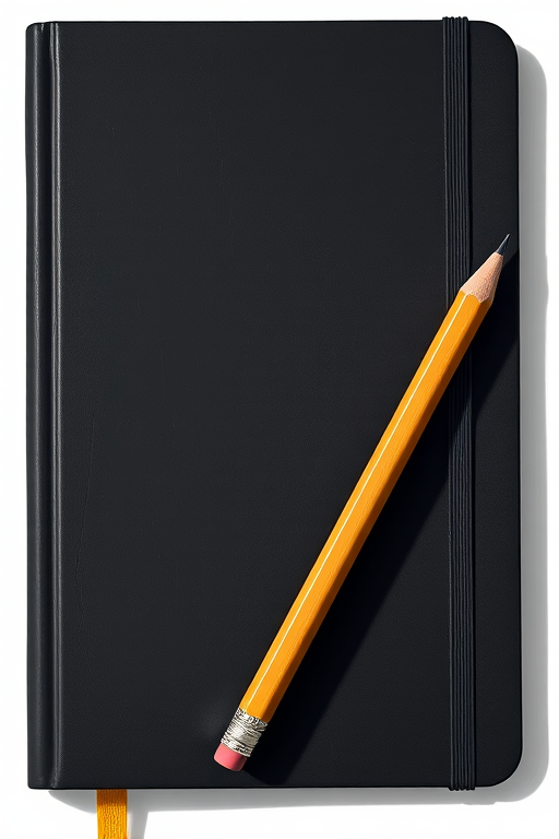 Create a highly detailed illustration of a closed black notebook with a yellow stripe and a sharpened wooden pencil next to it, captured with a DSLR camera at f/1.8 aperture, ISO 100, 50mm lens, top-down view, natural lighting to enhance the texture and color contrast.