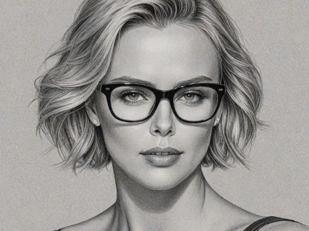Dazzling Charlize Theron, pencil sketch, portrait of Appealing woman 1946s in glasses, hair style beatnik, outline, clear lines, fine lines, 8k