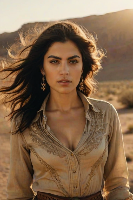 Dramatic photo of a beautiful Persian woman, classic cowboy attire, confident and free spirit expression, half-length portrait, centered, golden hour desert landscape, warm, diffused light, low angle, medium format film camera, in style of Annie Leibovitz.