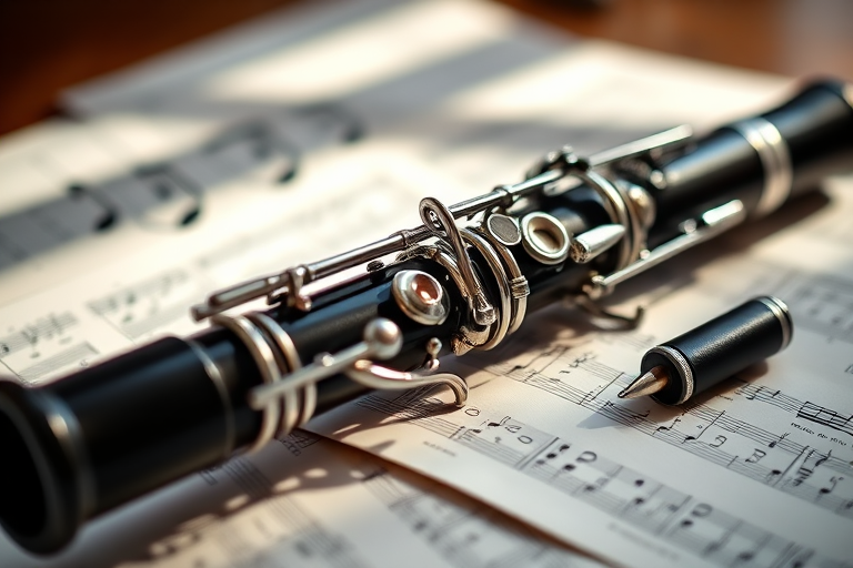 Close-up shot of a clarinet resting on scattered sheet music, natural light, shallow depth of field, 50mm lens, f/1.8 aperture, ISO 100, soft focus background.