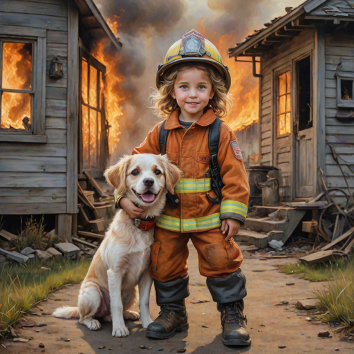 airbrushed oil painting, pixar style, cute little girl in fireman gear, helmet, tousled hair, expressive eyes, standing in the doorstep of a cottage burning behind him, holding a cute little dog in her arm, atumn sky