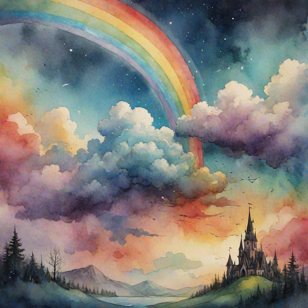 A whimsical and surreal sky with a vibrant rainbow, featuring dramatic lighting effects and a textured watercolor background, with a touch of gothic aesthetic.